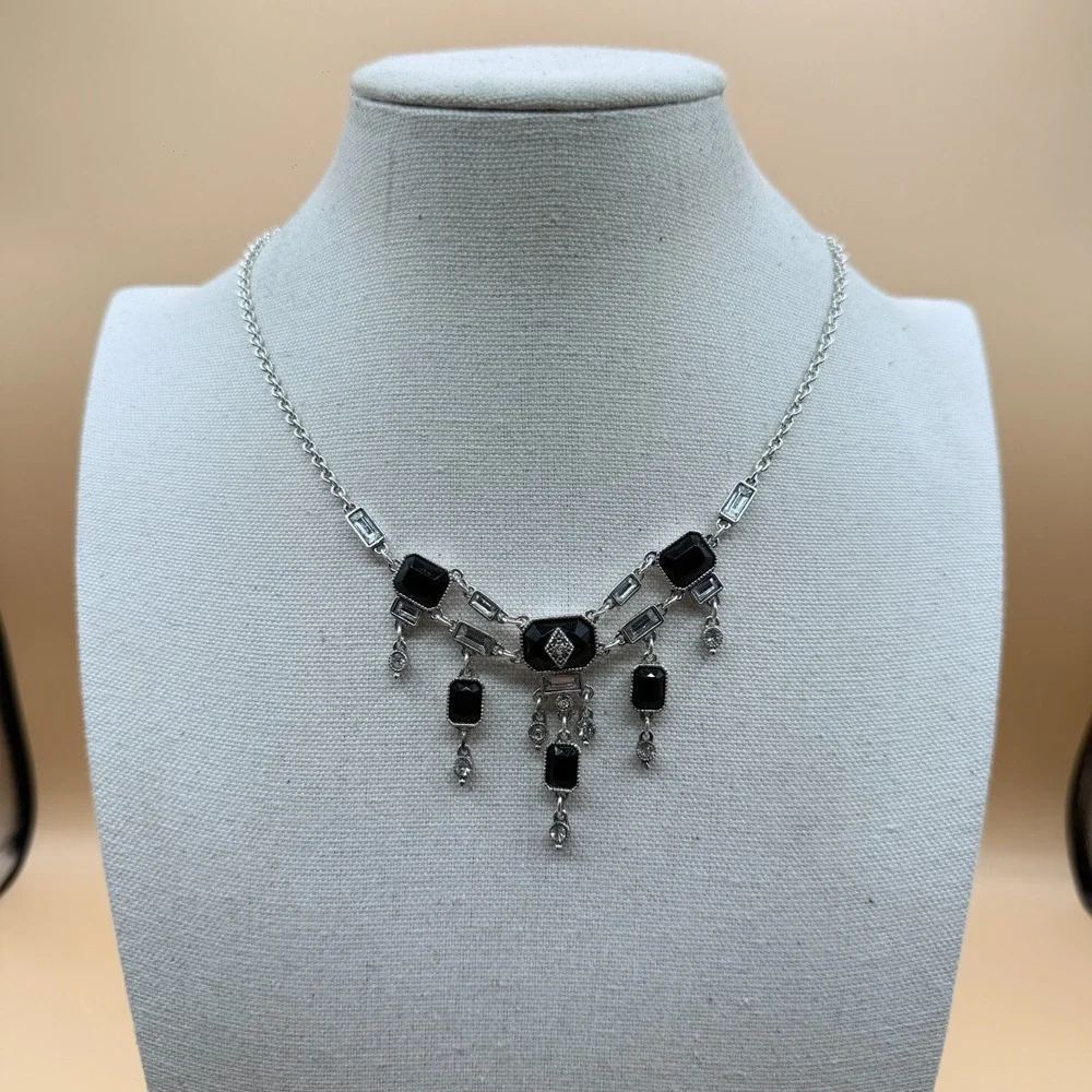 Black Faceted Crystal Rhinestone Silver Tone Dangle Bib Statement Necklace Deco